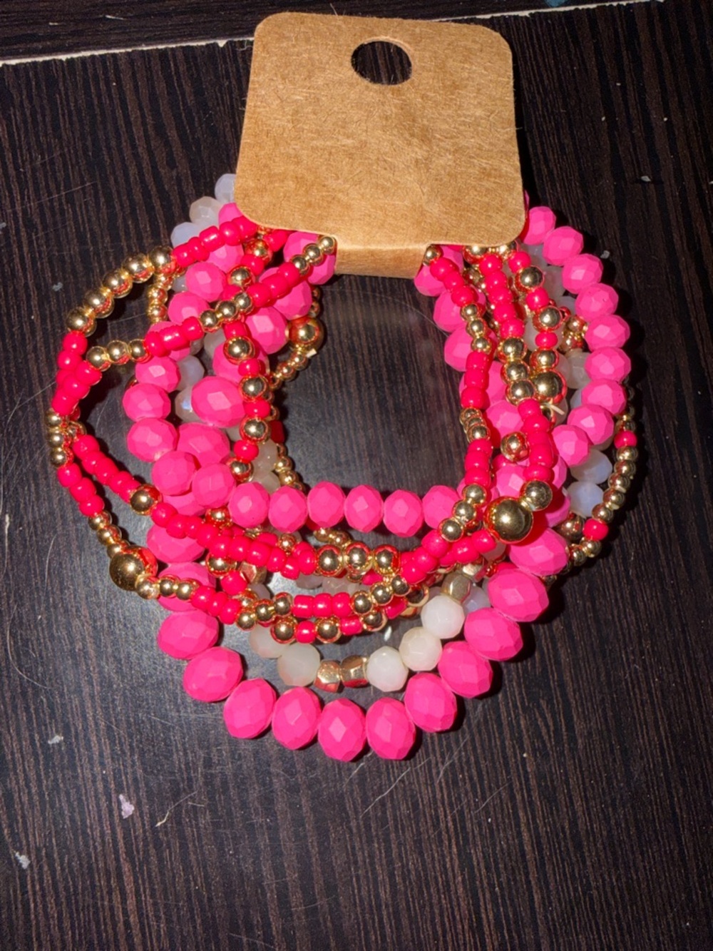 Multi-Strand Hot Pink Beaded Bracelet set with Gold Accents